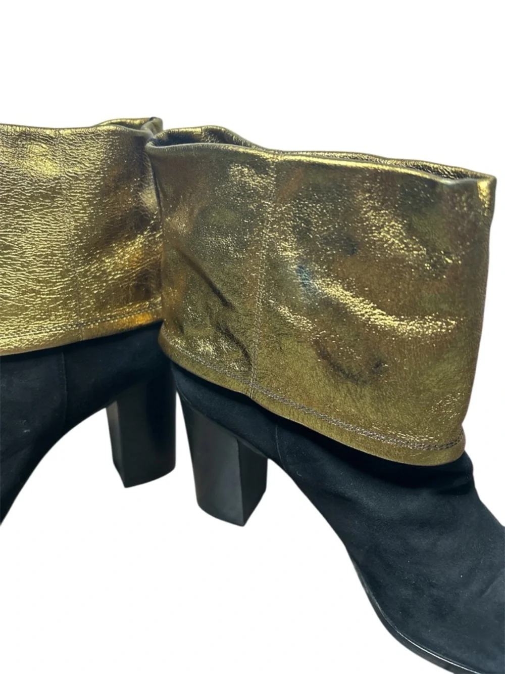Chanel Gold CC Fold Over Ankle Boots Size 40 Black Suede Leather Logo Heels